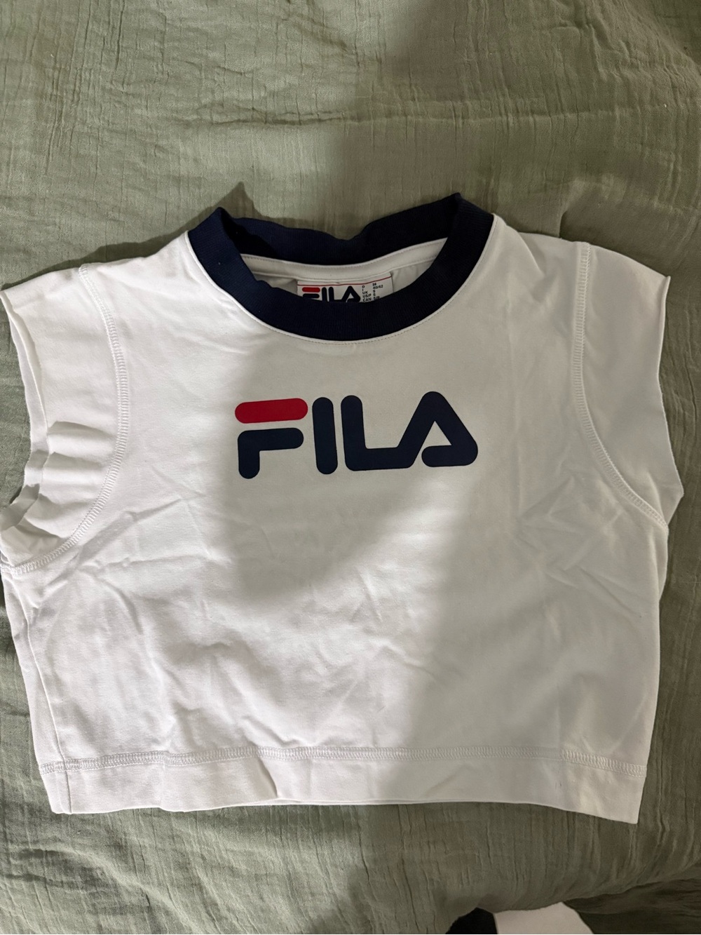 Fila White Crop Tank with Navy Trim and Red Logo Accent